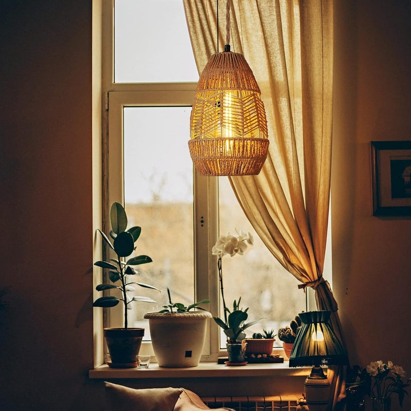 tebio Plug in Pendant Light Rattan Hanging Lights with Plug in Cord 15FT Hemp Rope Cord, On/Off Switch Chandelier for Boho Living Room Bedroom Kitchen（Bulb Included） 11 x 7 inch - Image 2